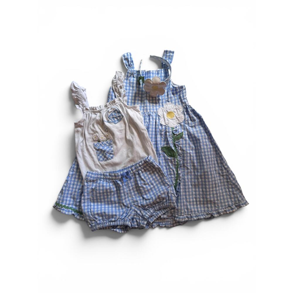 Gymboree Sunny Daisies gingham dress, tank/shorts outfit & daisy headband